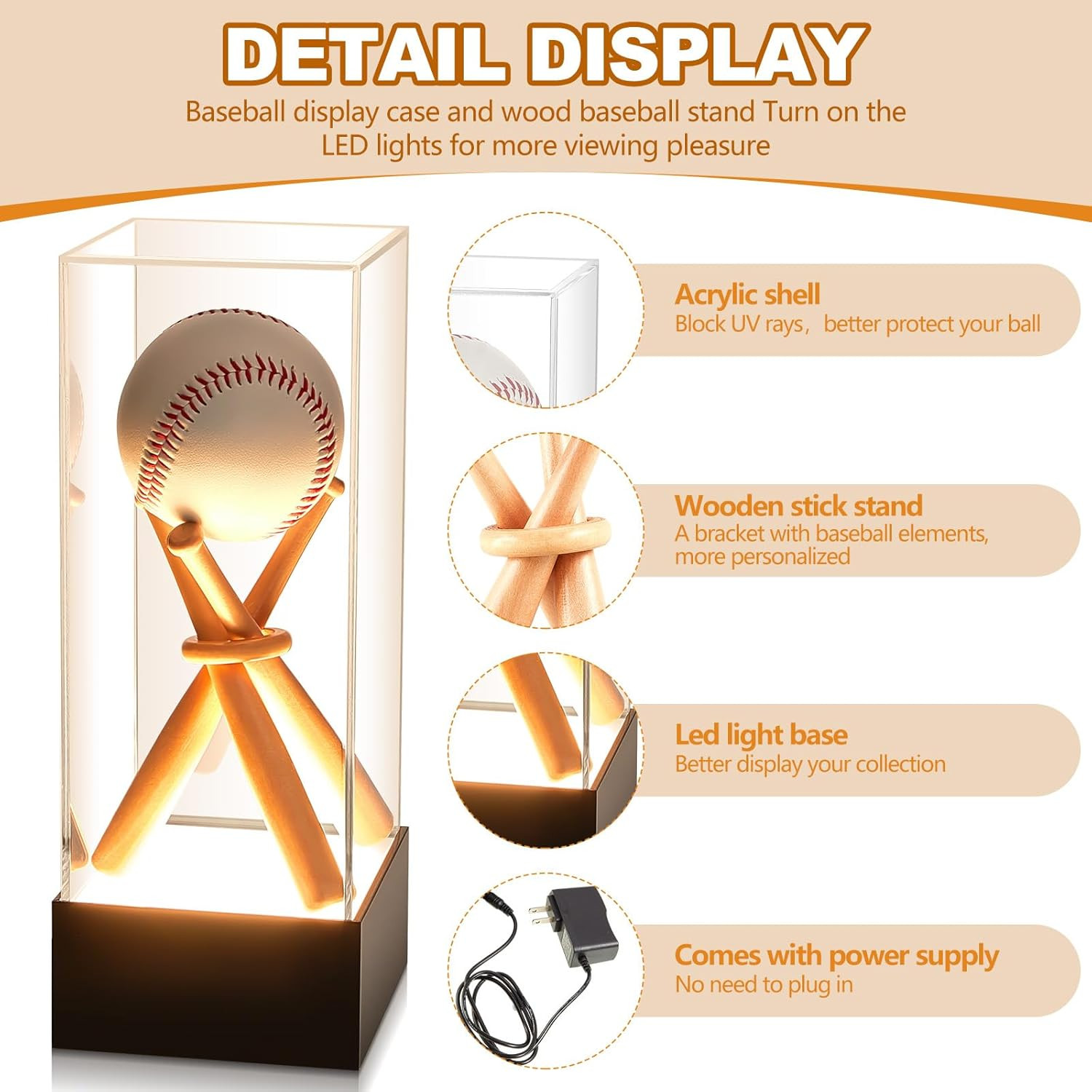 Baseball Display Case with LED Light Base Stand Holder, Wooden Sticks, UV Protec