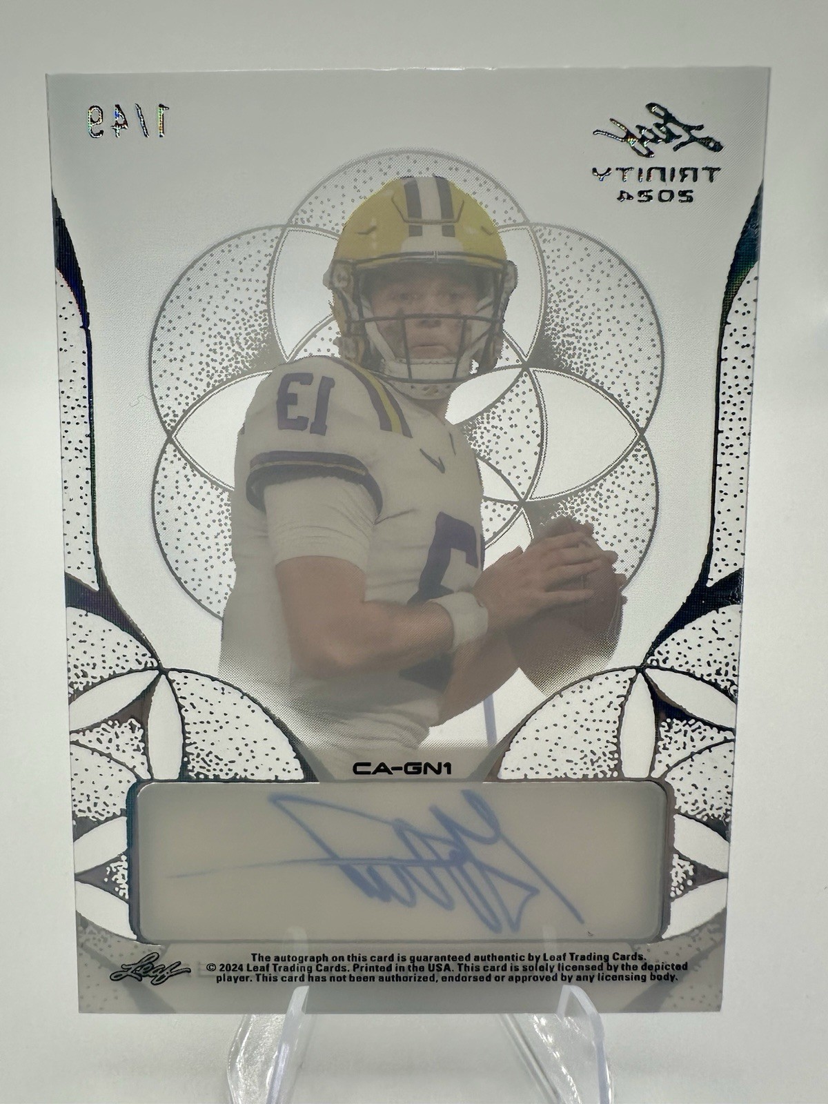 2024 Leaf Trinity Clear 1/49 Garrett Nussmeier Light Blue Auto LSU Tigers (AU)