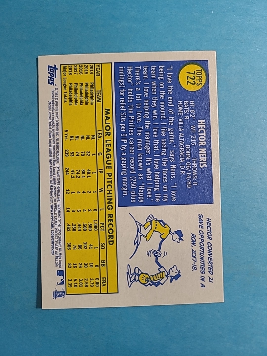 Hector Neris 2019 Topps Heritage Baseball Card # 722 J5392