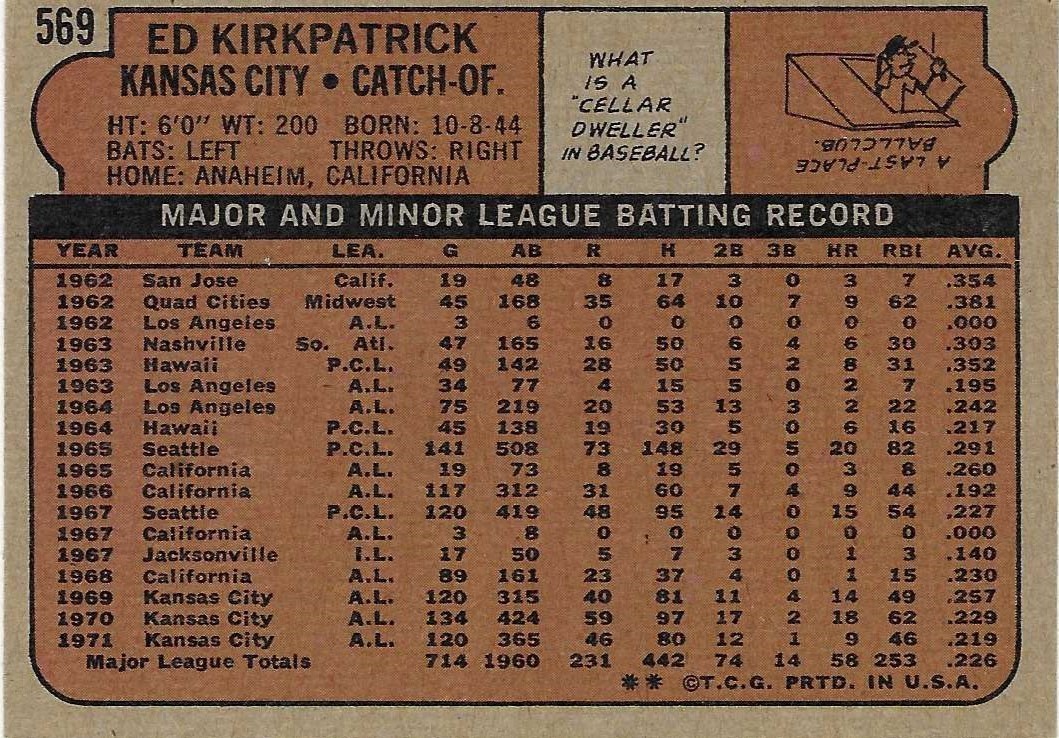 1972 TOPPS – #569 ED KIRKPATRICK (ROYALS)!! TOUGH SEMI-HIGH NUMBER! GREAT CARD!!
