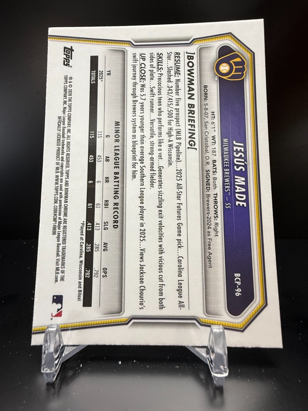F795 – 2026 Bowman Chrome Prospects – Jesus Made #BCP-96 – Mojo Refractor
