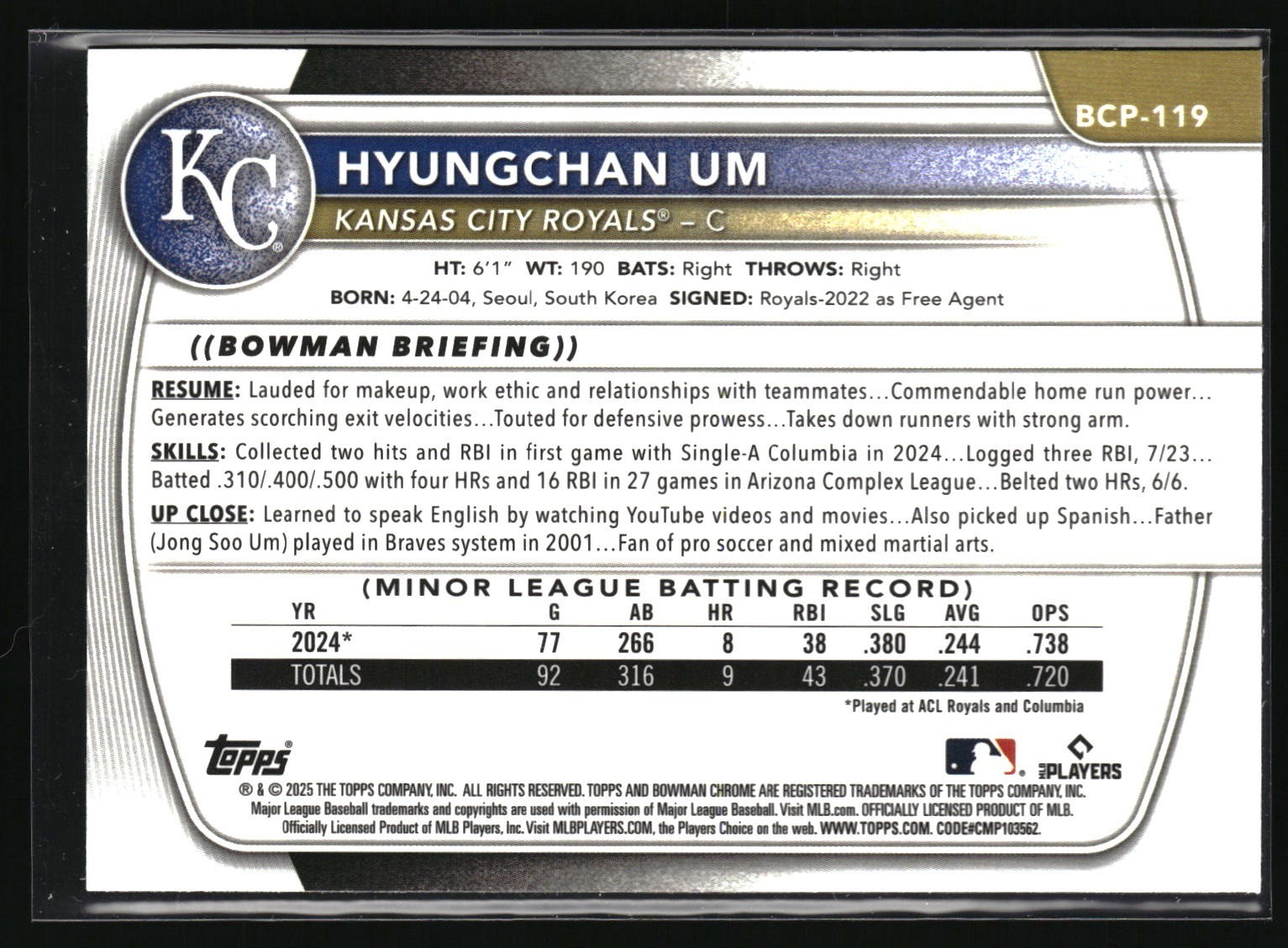 2025 Bowman Chrome Prospects Mojo Navy Refractor /175 Hyungchan Um #BCP-119