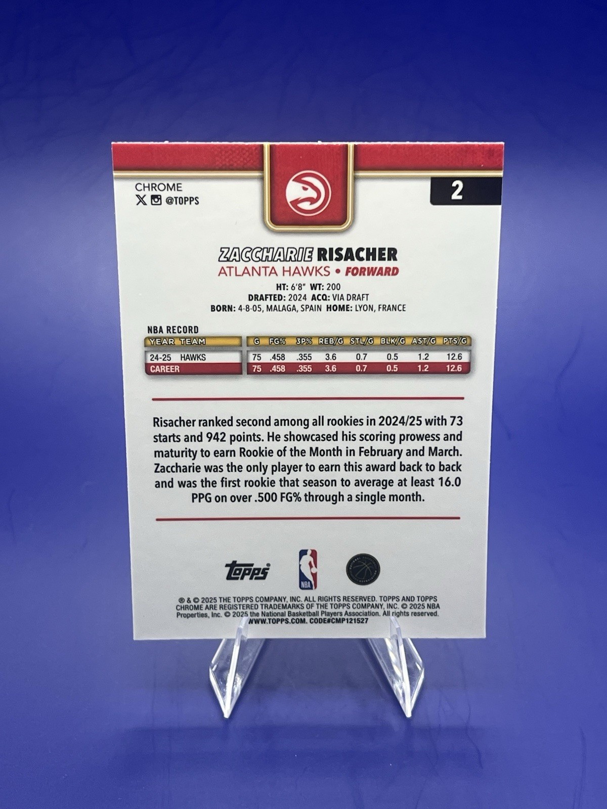 2025-26 Topps Chrome – Zaccharie Risacher #2 X-Fractor Atlanta Hawks