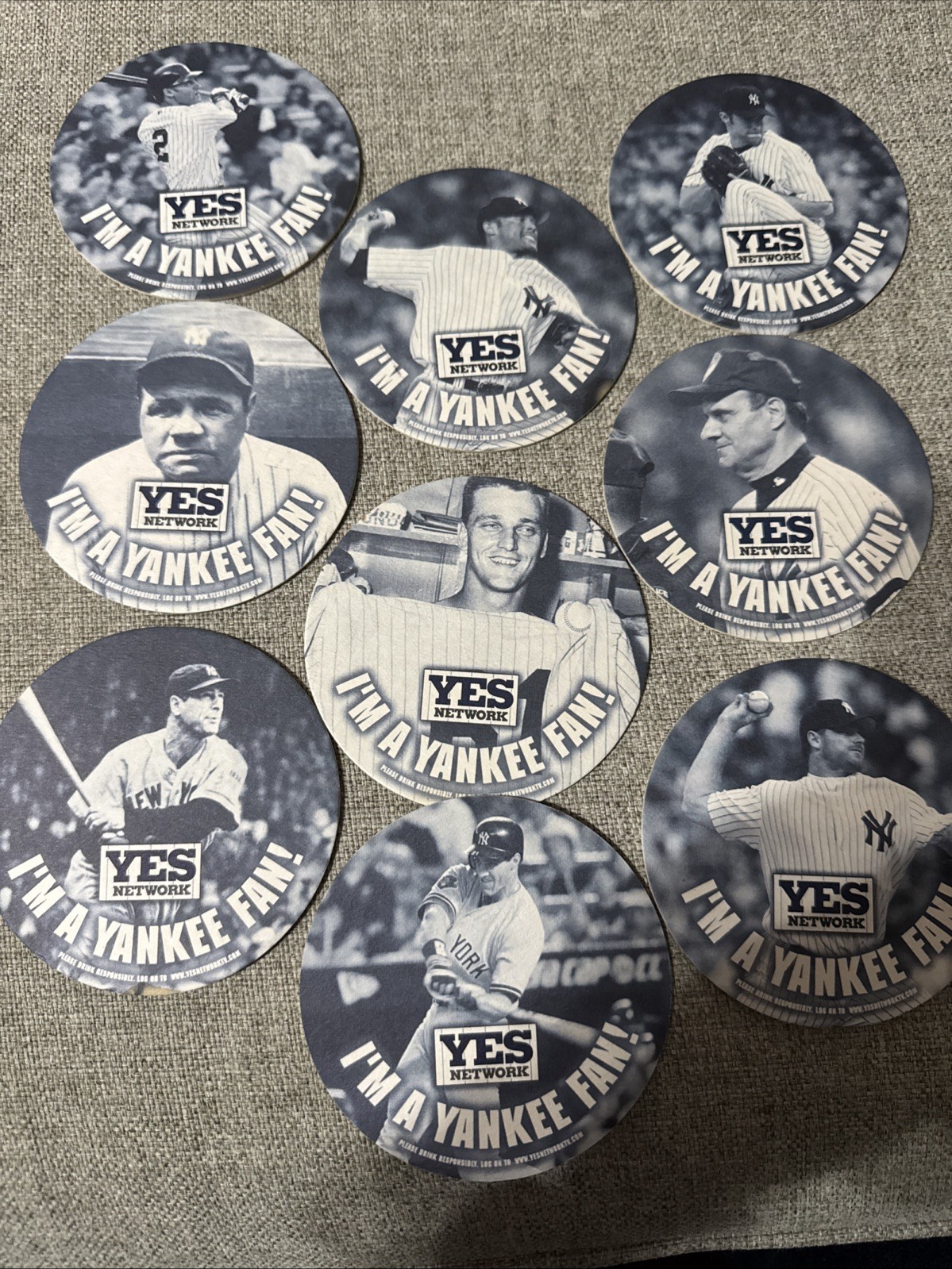 New York Yankees YES Network Drink Coasters Set of 9 Jeter Mantle Ruth Torre Etc