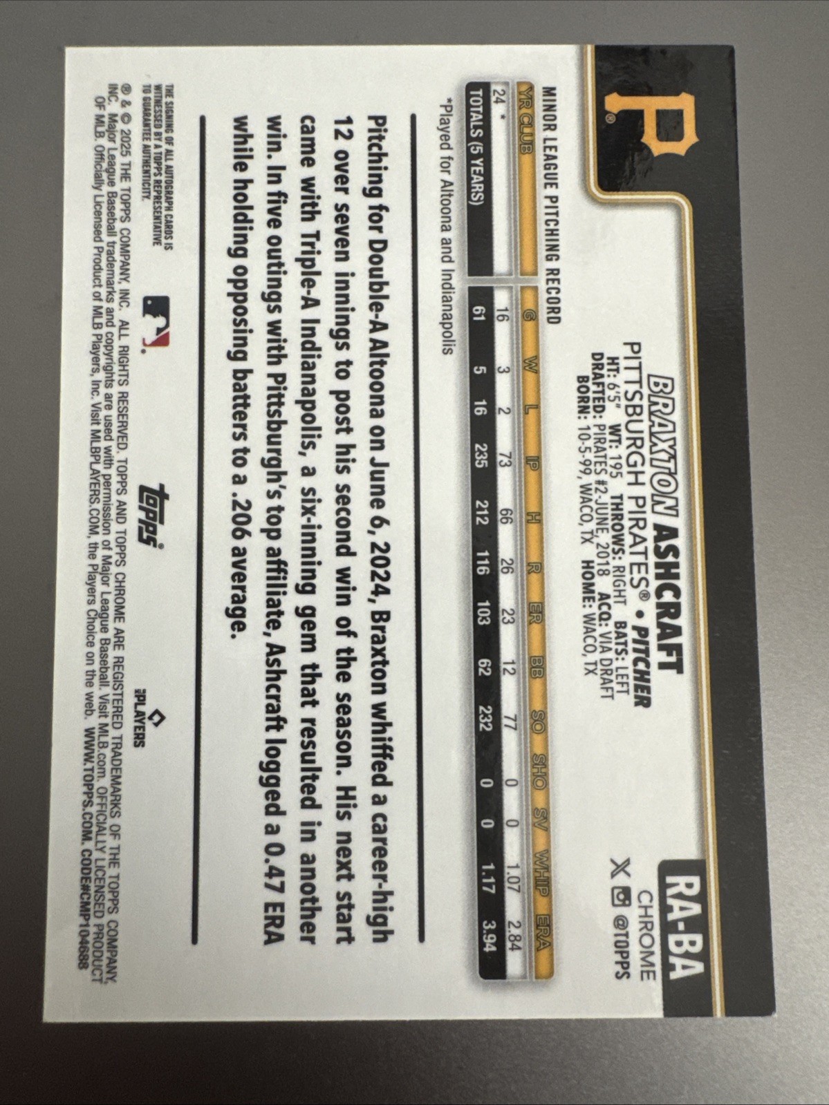 2025 Topps Chrome Update Series – Autographs Braxton Ashcraft #RA-BA Orange Wave