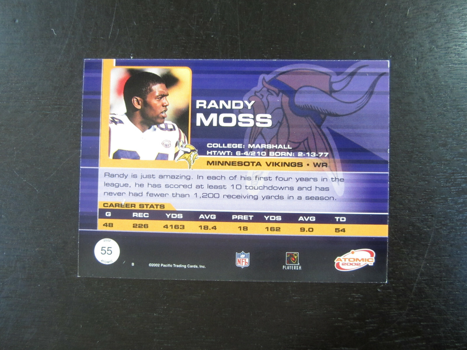2002 Atomic Non Die Cut # 55 Randy Moss Card (B64) # 351/600 Vikings Marshall