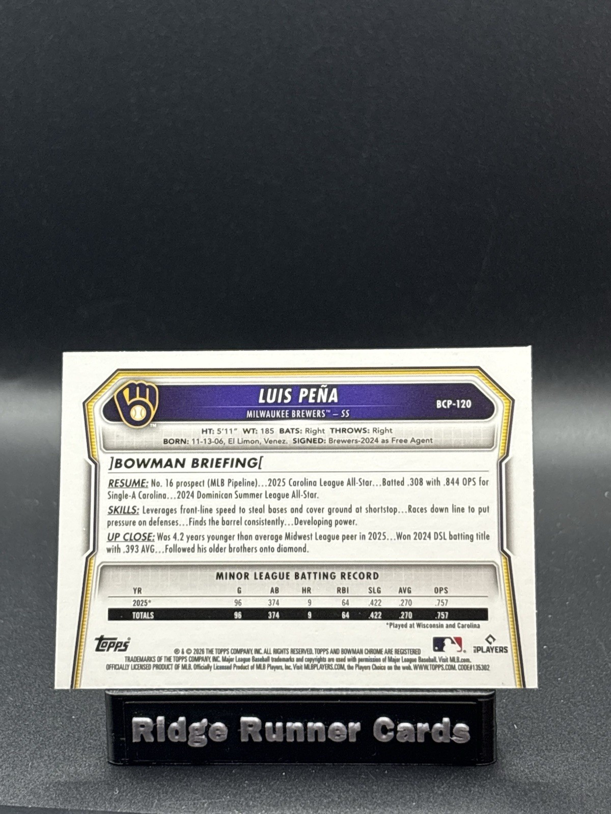 2026 Bowman Chrome LUIS PENA Yellow Wave Refractor #/75 #BCP-120 BREWERS