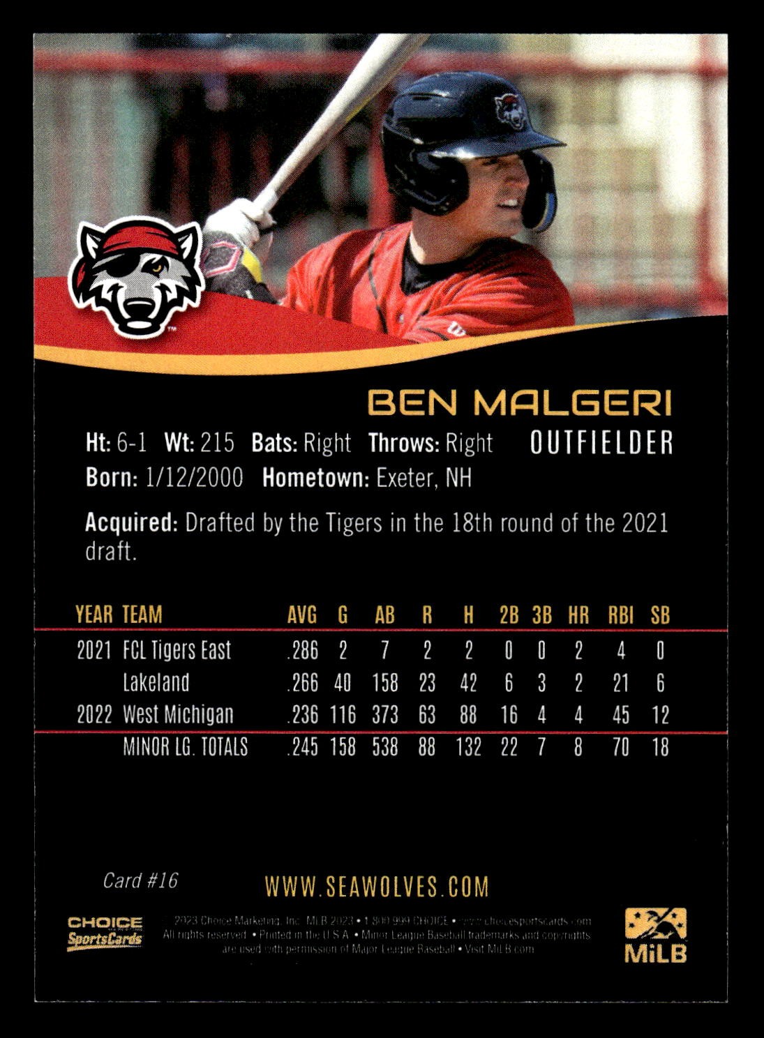 Ben Malgeri 2023 Choice Erie Seawolves #16 Erie Seawolves