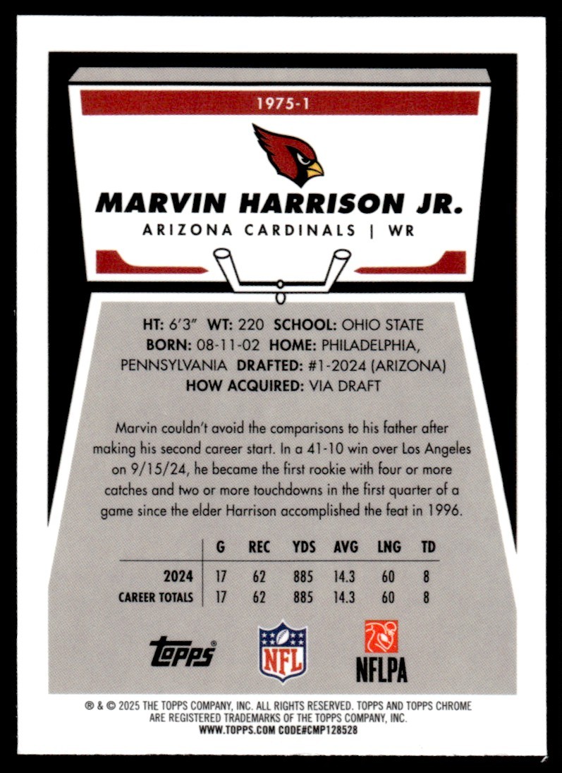 2025 Topps Chrome Pink Refractor Marvin Harrison Jr 152/250 Arizona Cardinals