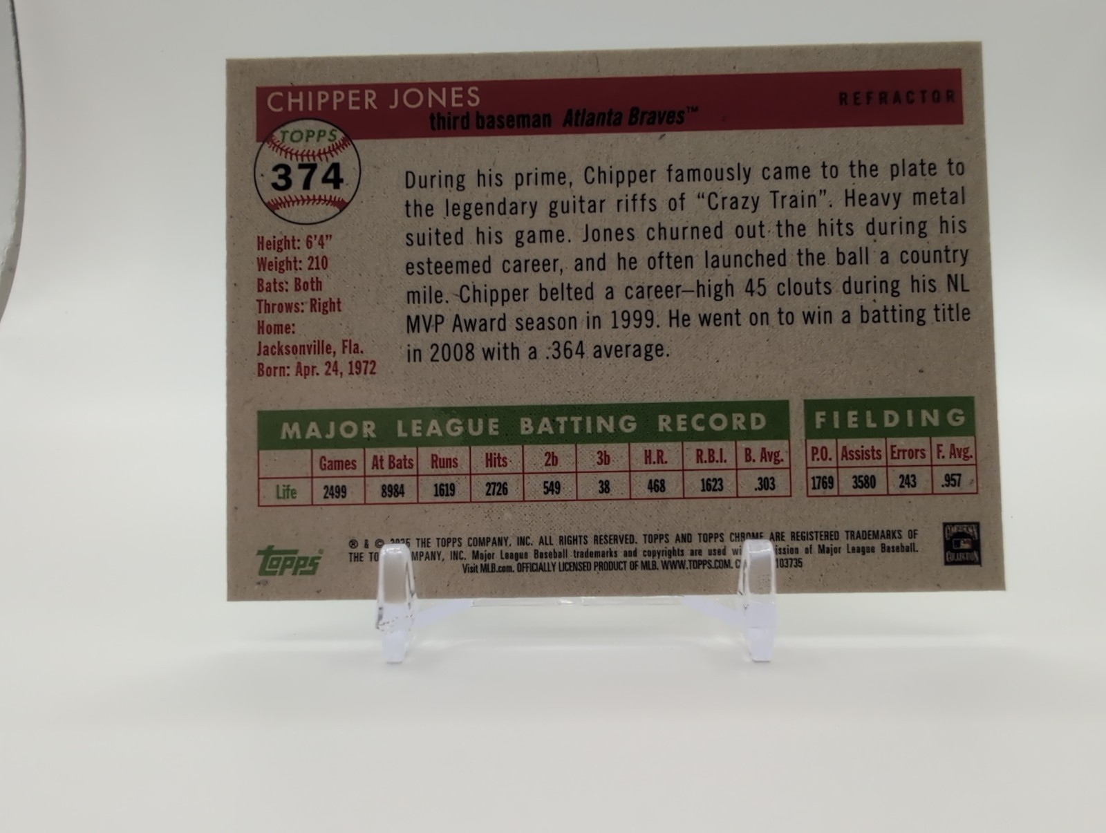 2025 TOPPS CHROME PLATINUM REFRACTOR #374 CHIPPER JONES ATLANTA BRAVES