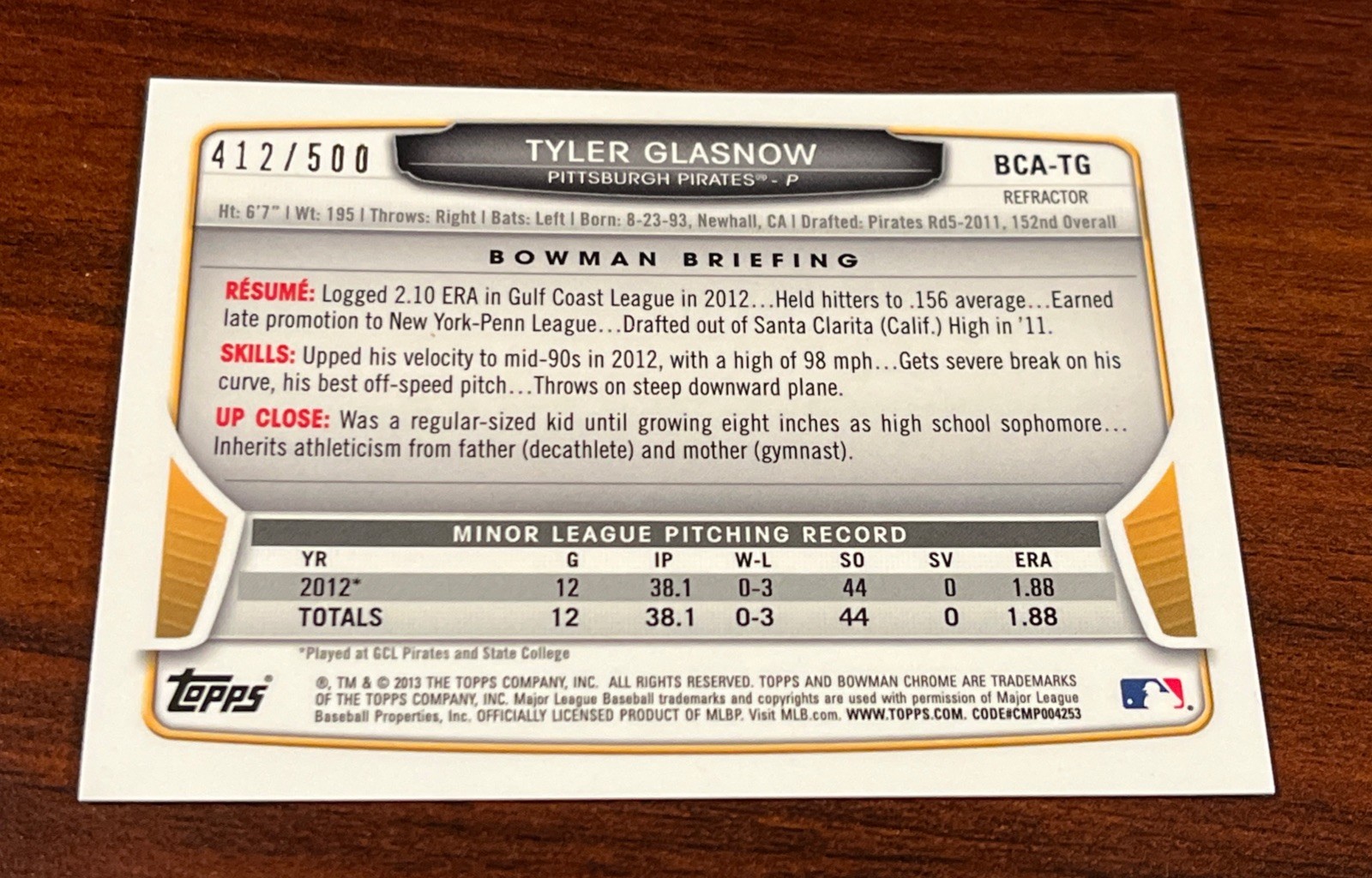 Tyler Glasnow 2013 Bowman Chrome Prospect Refractor Autographs Auto RC #’d /500