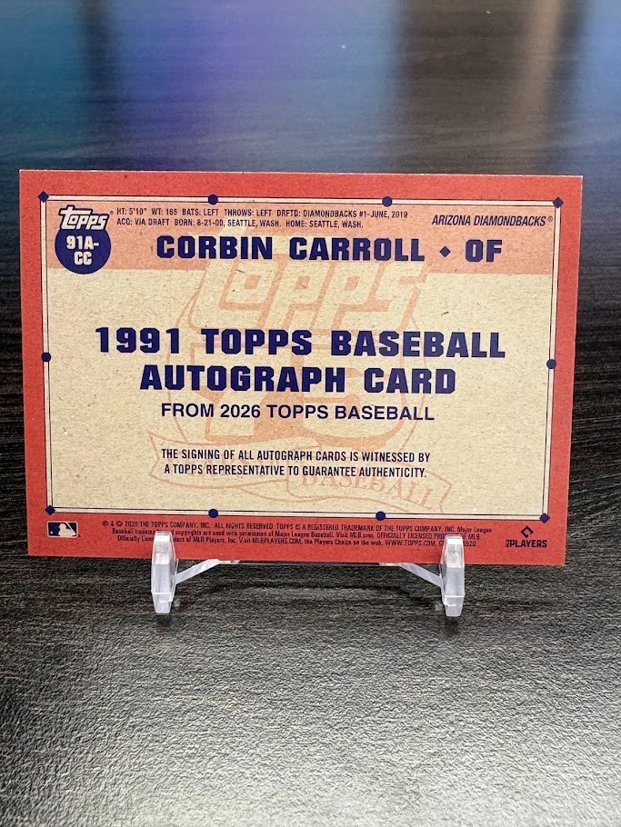2026 Topps – Corbin Carroll – 1991 Throwback On-Card Auto Gold /50 Diamondbacks