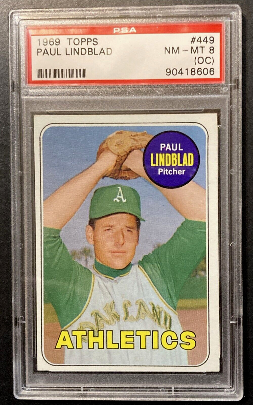 1969 TOPPS #449 Paul Linblad Oakland Athletics PSA 8 (OC) No Case Cracks