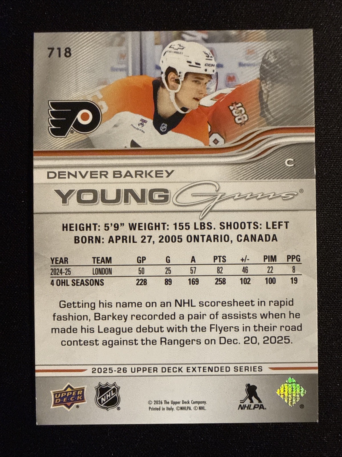 2025-26 Upper Deck Extended Series Young Guns – Denver Barkey #718 Flyers (RC)