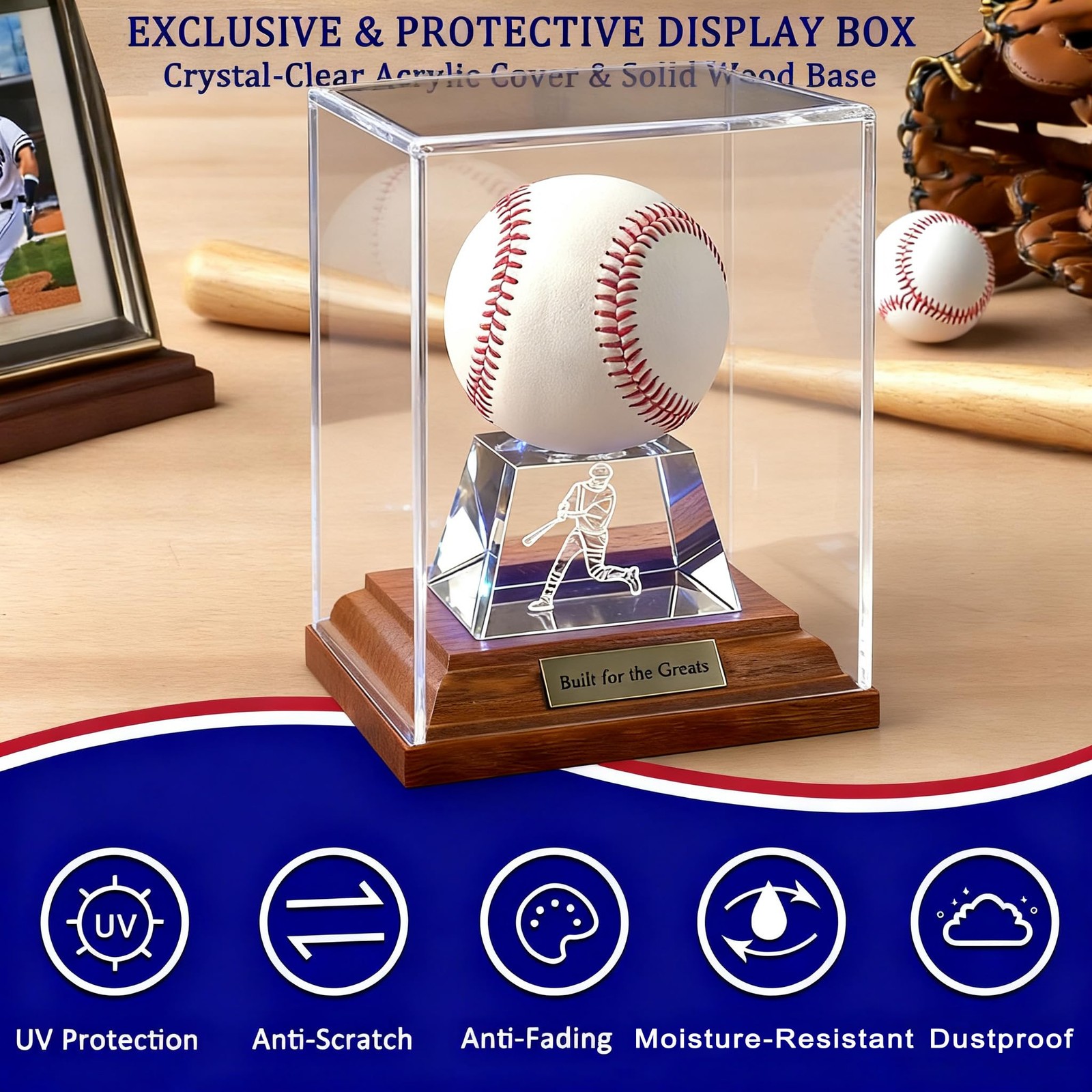 Acrylic Clear Baseball Cube Holder Display Case Box Stand W/ LED Lights