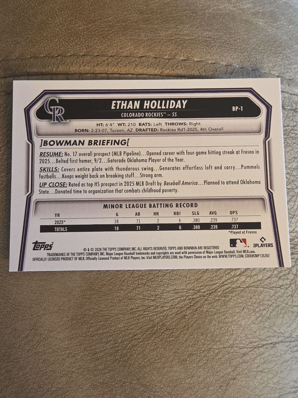 2026 Bowman Baseball Ethan Holliday 1st Bowman Paper #BP-1 ROCKIES