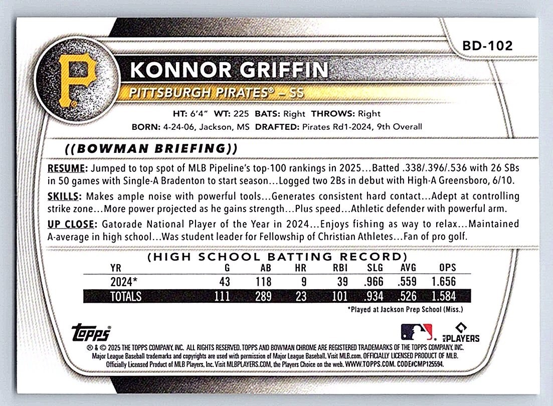 KONNOR GRIFFIN PIRATES 2025 BOWMAN DRAFT #BD-102