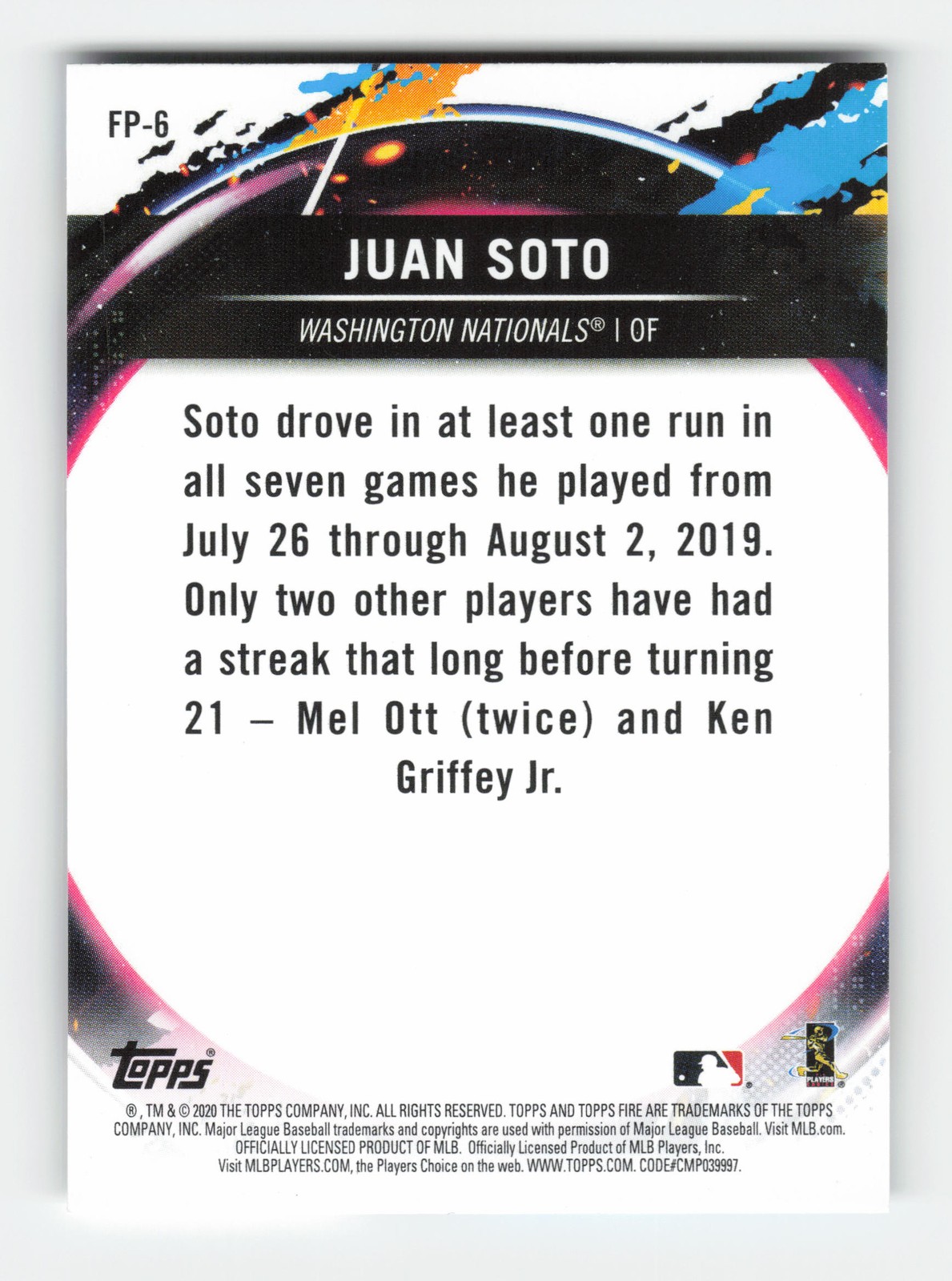 2020 Topps Chrome Topps Fire NBCD Preview #FP-6 Juan Soto Near Mint or Better
