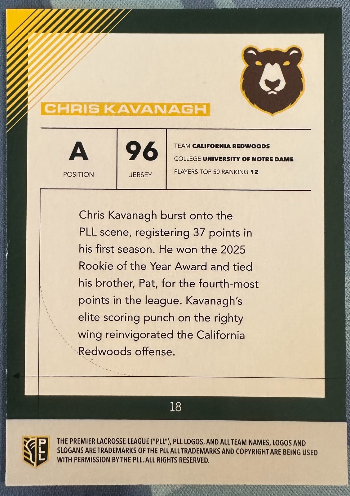 CHRIS KAVANAGH 2026 PREMIER LACROSSE LEAGUE PLL FIELDSIDE II MATTE FINISH SP #18