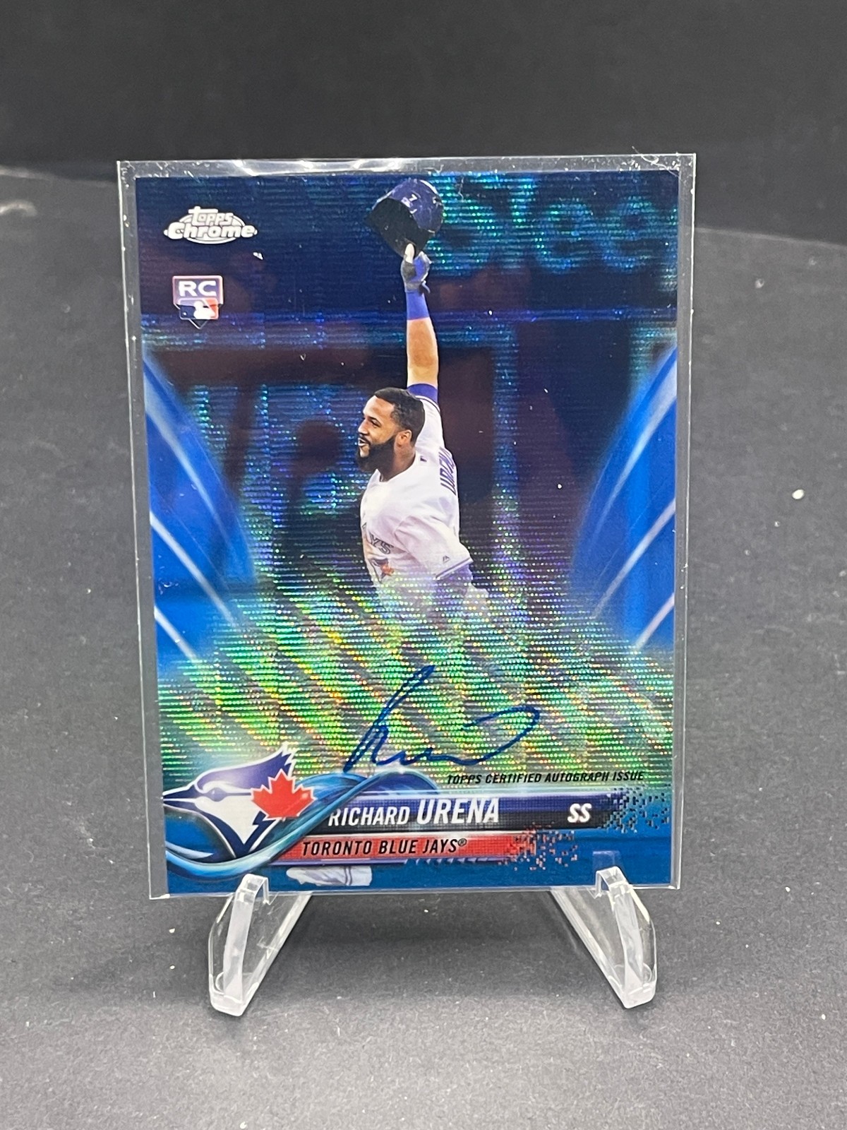 2018 TOPPS CHROME RICHARD URENA BLUE WAVE ROOKIE AUTOGRAPH RC #RA-RU, SN 028/150