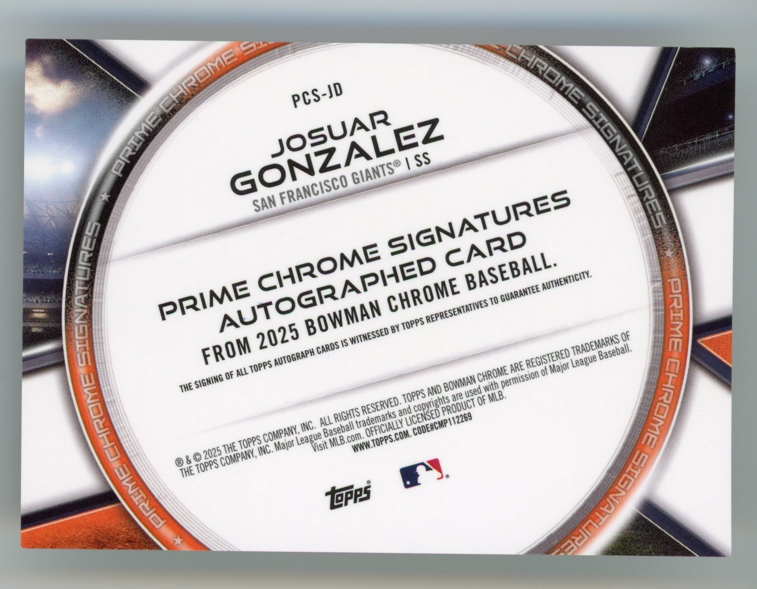2025 BOWMAN CHROME JOSUAR GONZALEZ AUTO /25 ORANGE REFRACTOR PRIME #PCS-JD GIANT