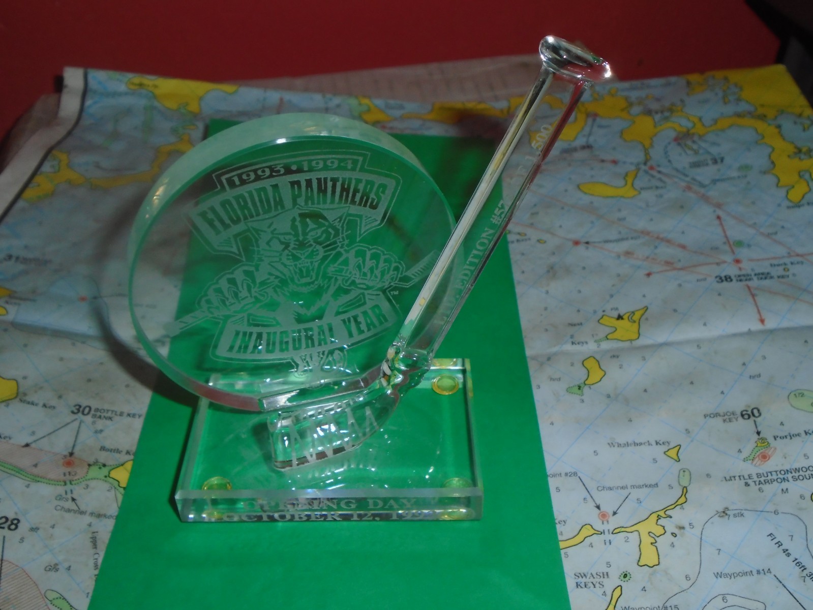 FLORIDA PANTHERS INAUGURAL CRYSTAL HOCKEY PUCK & STICK # 575 0F 1,500 OCT. 1993