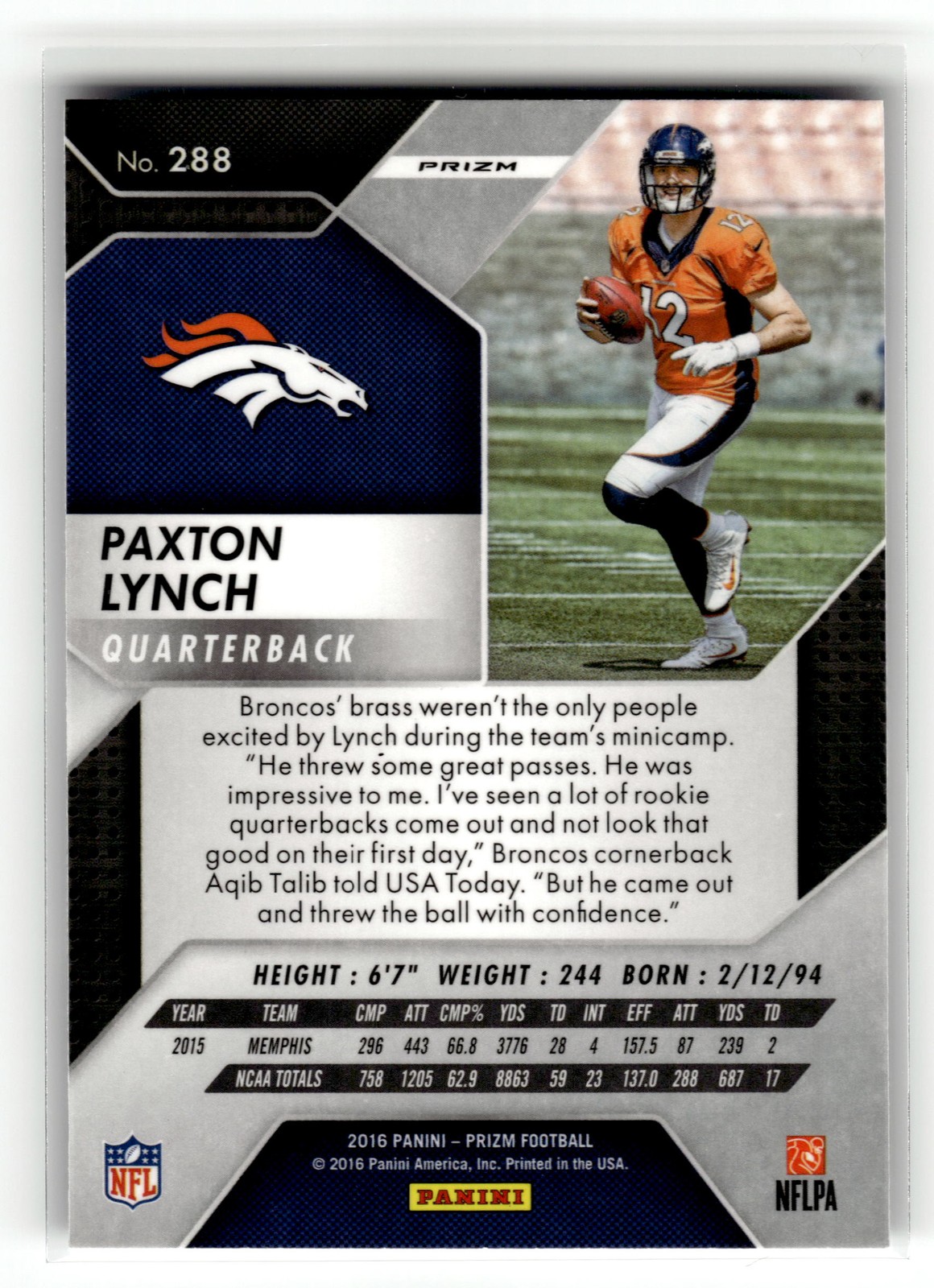 Paxton Lynch 2016 Panini Prizm #288 Denver Broncos Flash RC