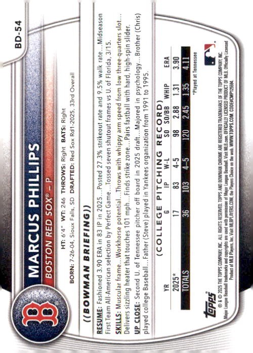 2025 Bowman Draft Paper Marcus Phillips Boston Red Sox #BD-54 5 Card Lot
