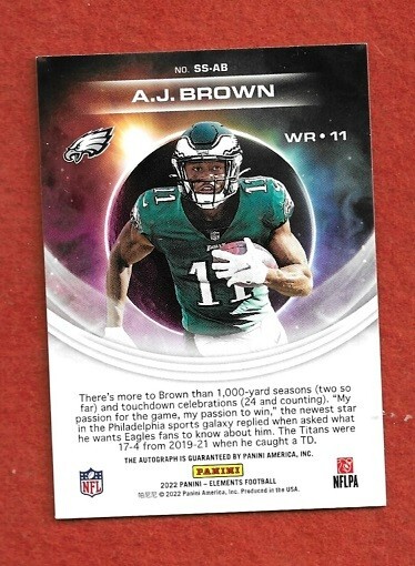 A.J. BROWN 2022 PANINI ELEMENTS SOLAR AUTOGRAPH EAGLES AUTO #1/25