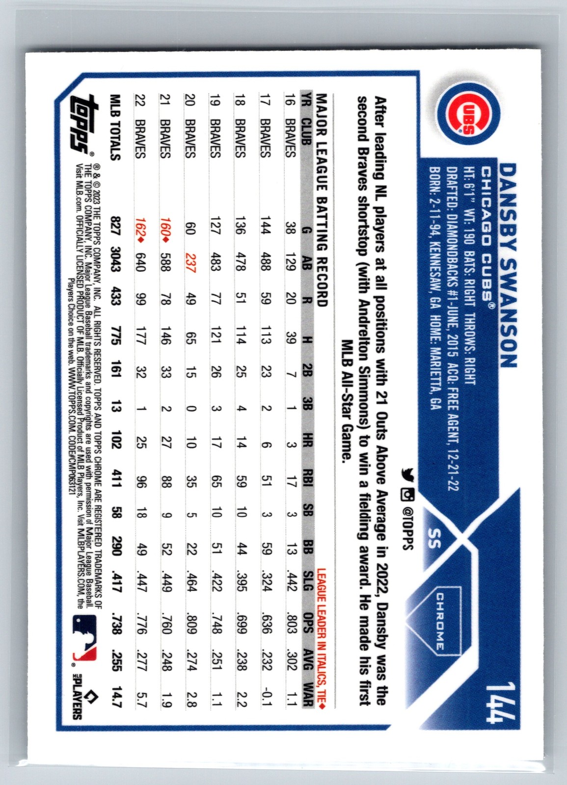 2023 Topps Chrome #144 Dansby Swanson