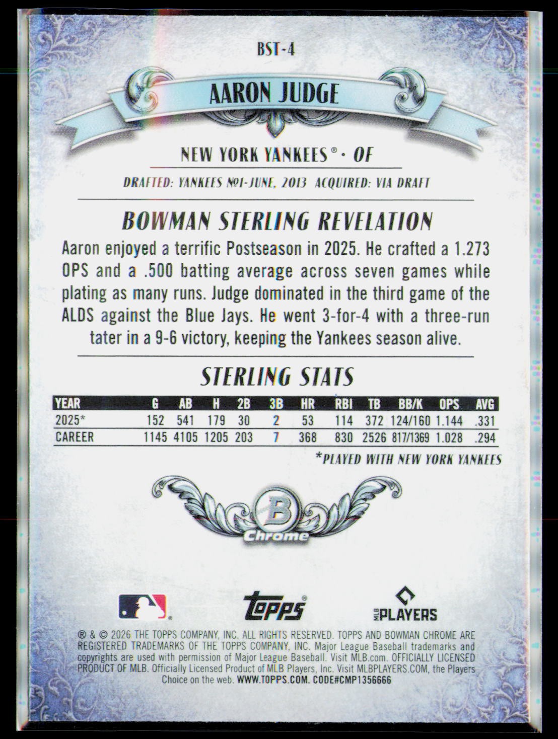 2026 Bowman #BST-4 Aaron Judge Bowman Sterling Mojo Refractors