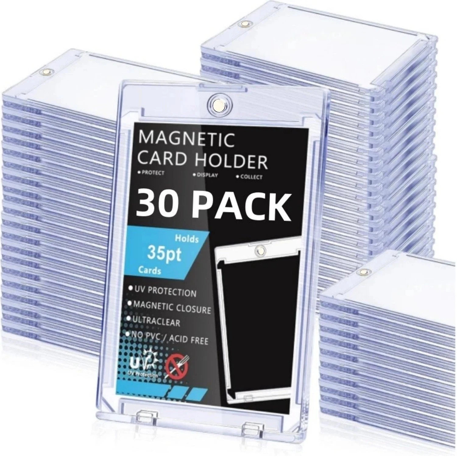 30 Pack Magnetic Trading Sports Card Holders 35pt One-Touch Hard UV Protection .