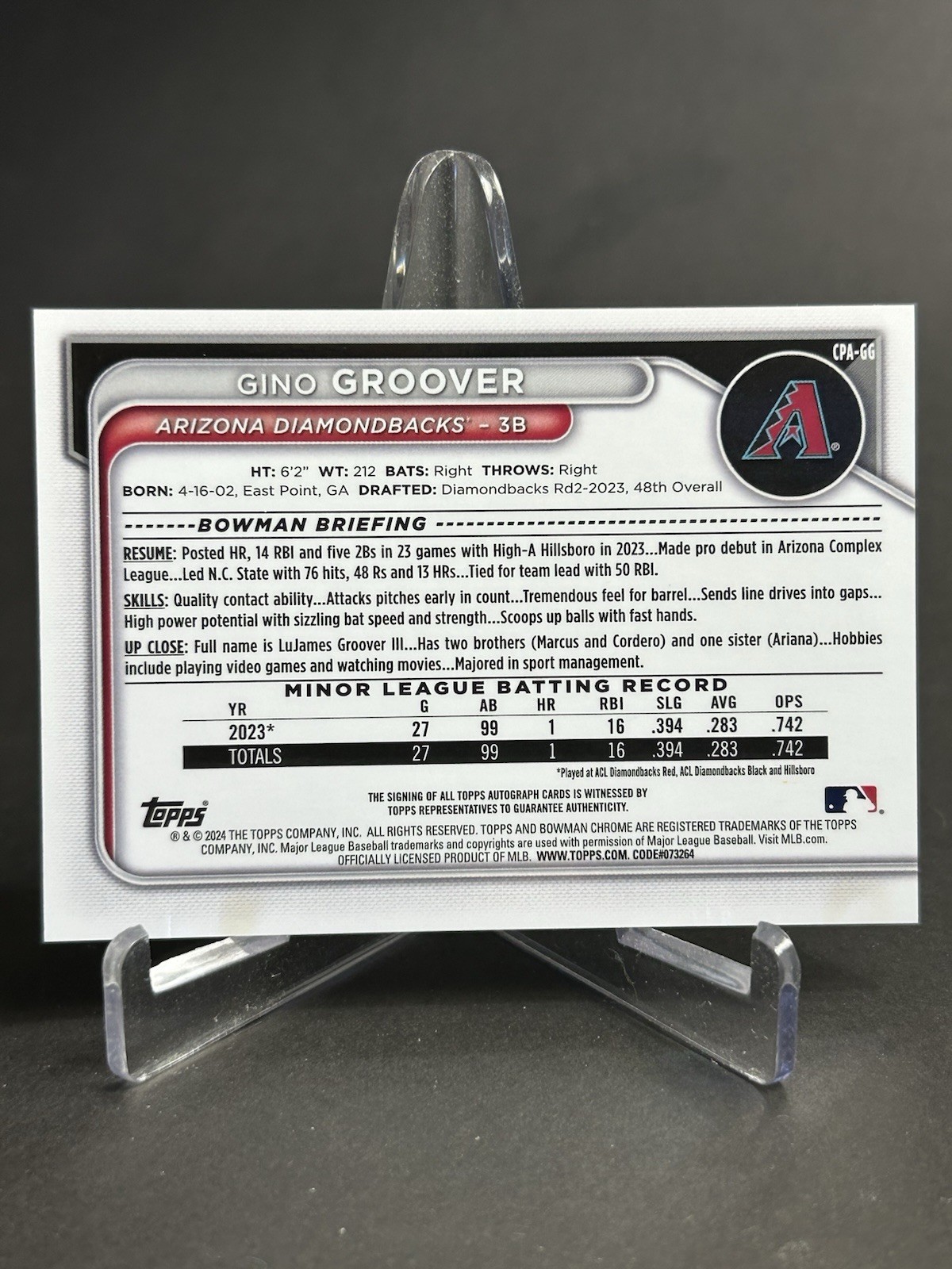 2024 Bowman Chrome 1st Auto Gino Groover Gold Shimmer Refractor /50 Diamondbacks