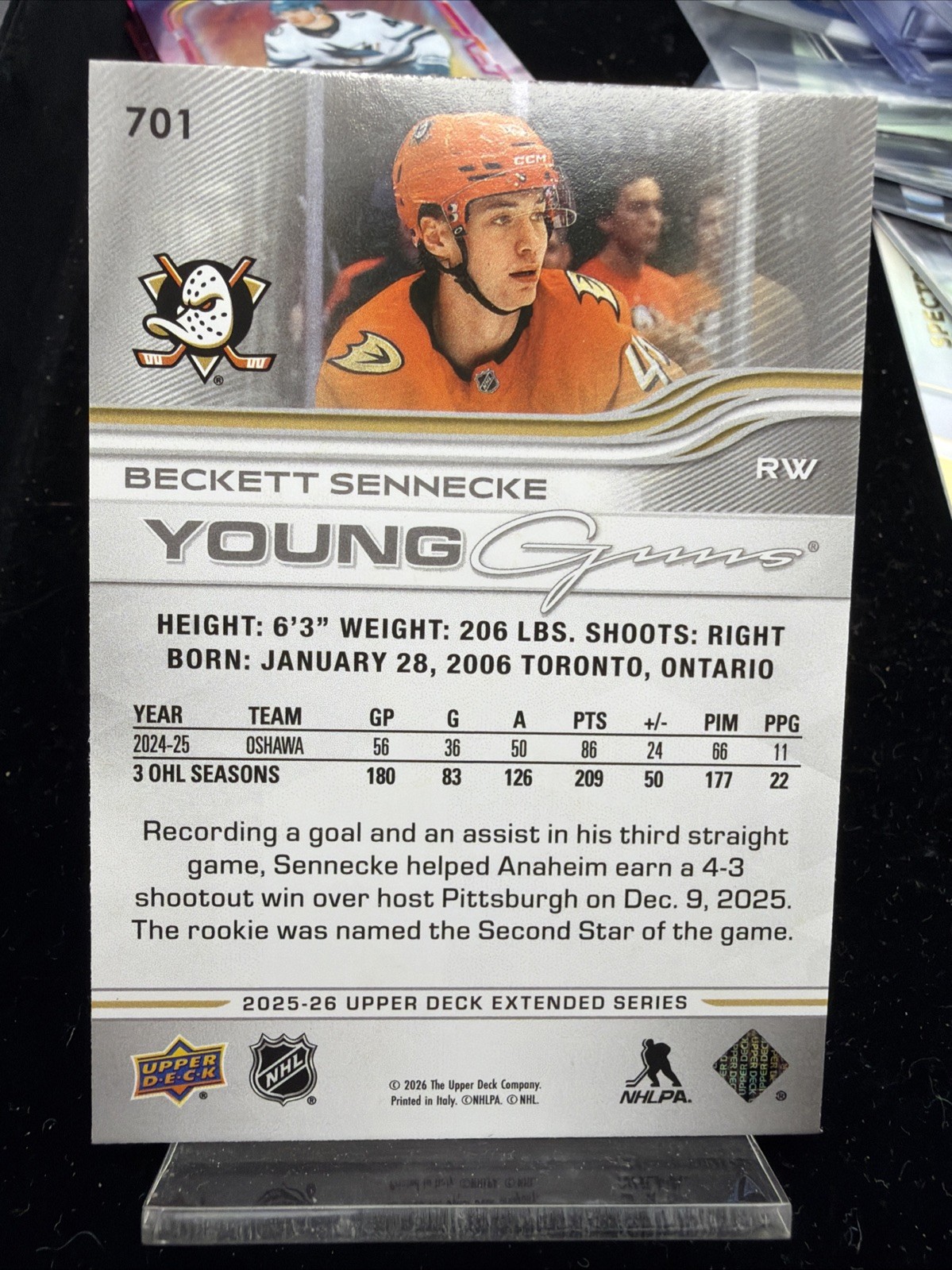 2025-26 Upper Deck Extended Series Beckett Sennecke Young Guns #701 Ducks