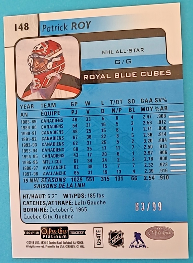 2017-18 Patrick Roy OPC O-PEE-CHEE Platinum #148 ROYAL BLUE CUBES /99