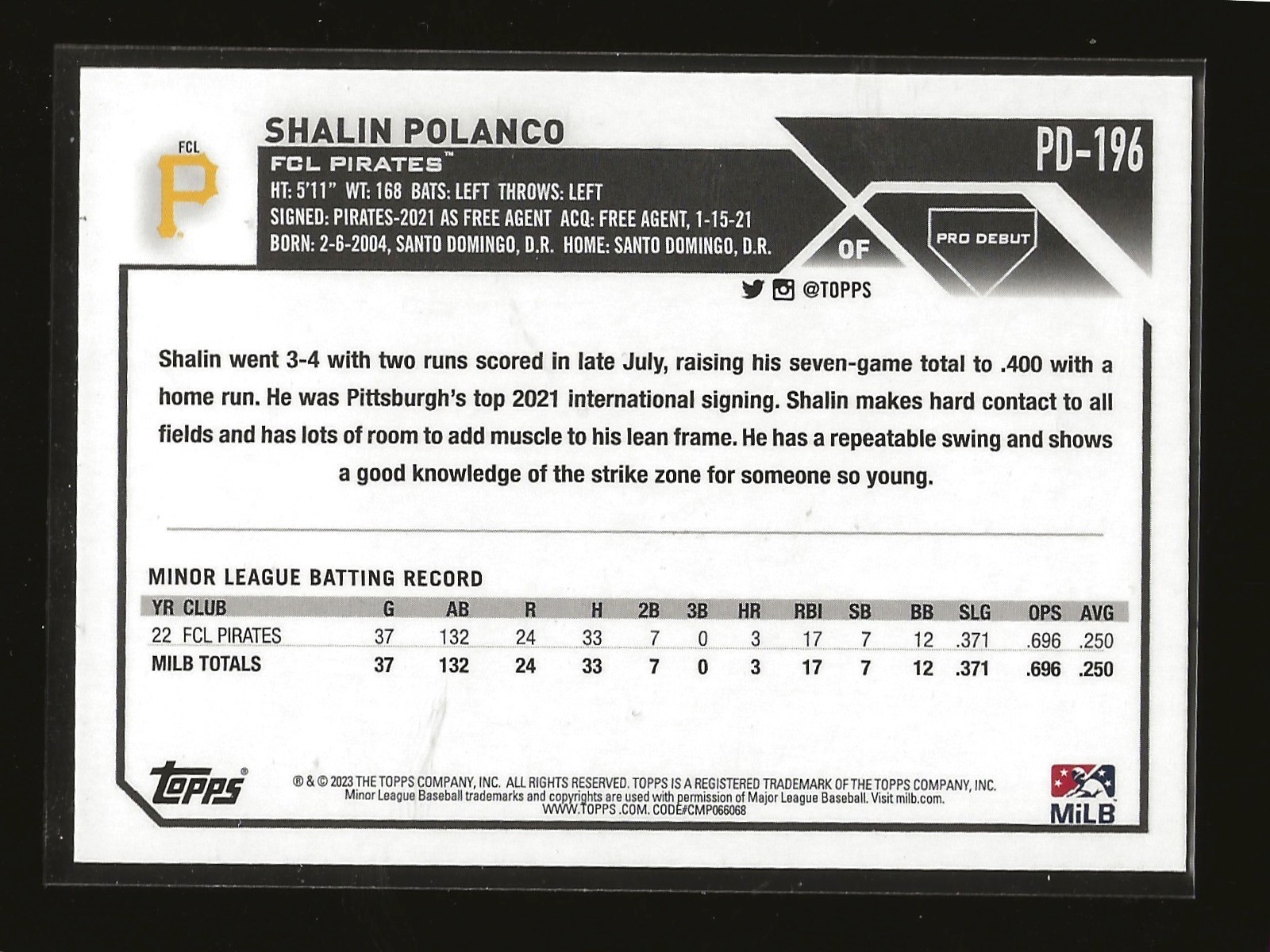 2023 Topps Pro Debut Shalin Polanco Base Card FCL Pirates (#PD-196)