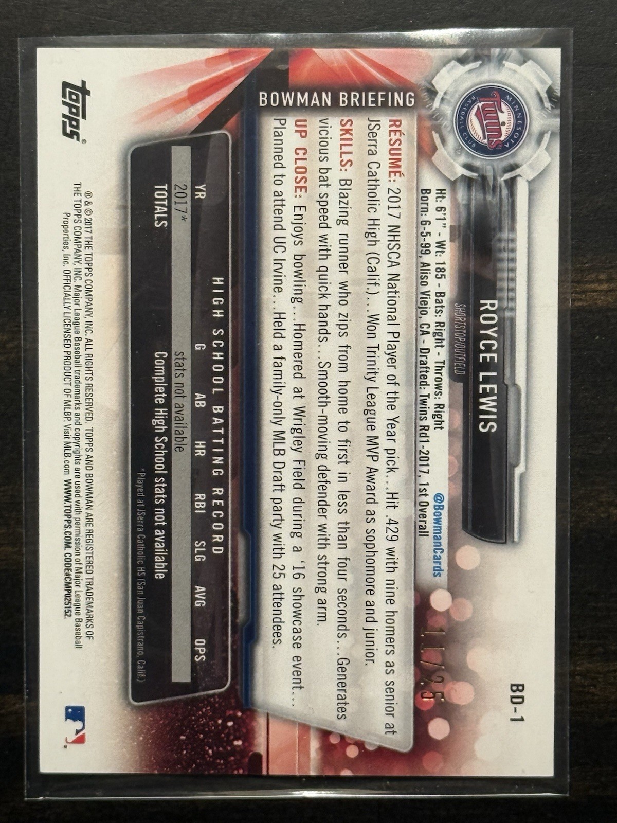 ROYCE LEWIS 2017 Bowman Draft Orange Paper Parallel #D/25 SSP – Minnesota Twins