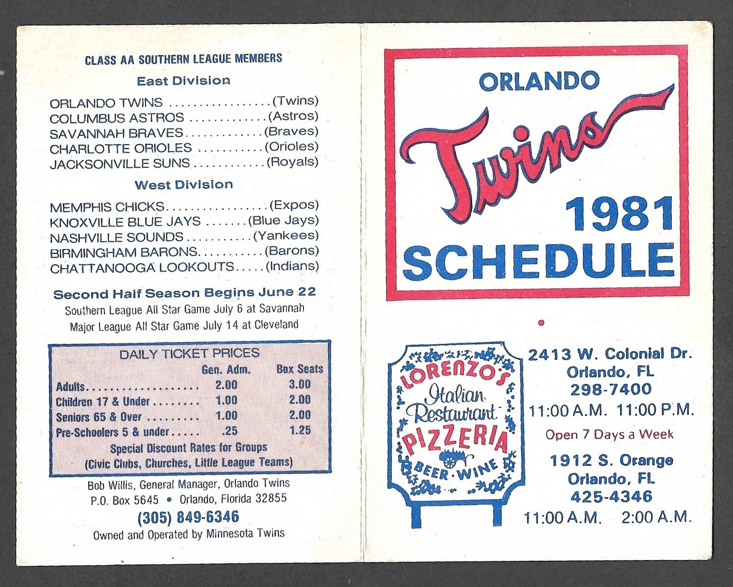 1981 ORLANDO TWINS (Minors) Lorenzo’s Pizza Regular Season POCKET SCHEDULE VG-EX