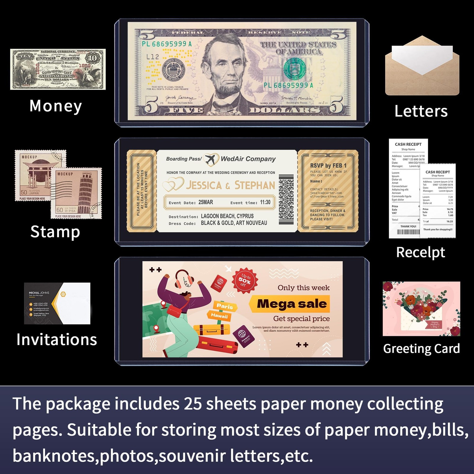 25PCS Blue Clear Banknote Holders – 25 Pcs [6.6″x2.8″], Transparent