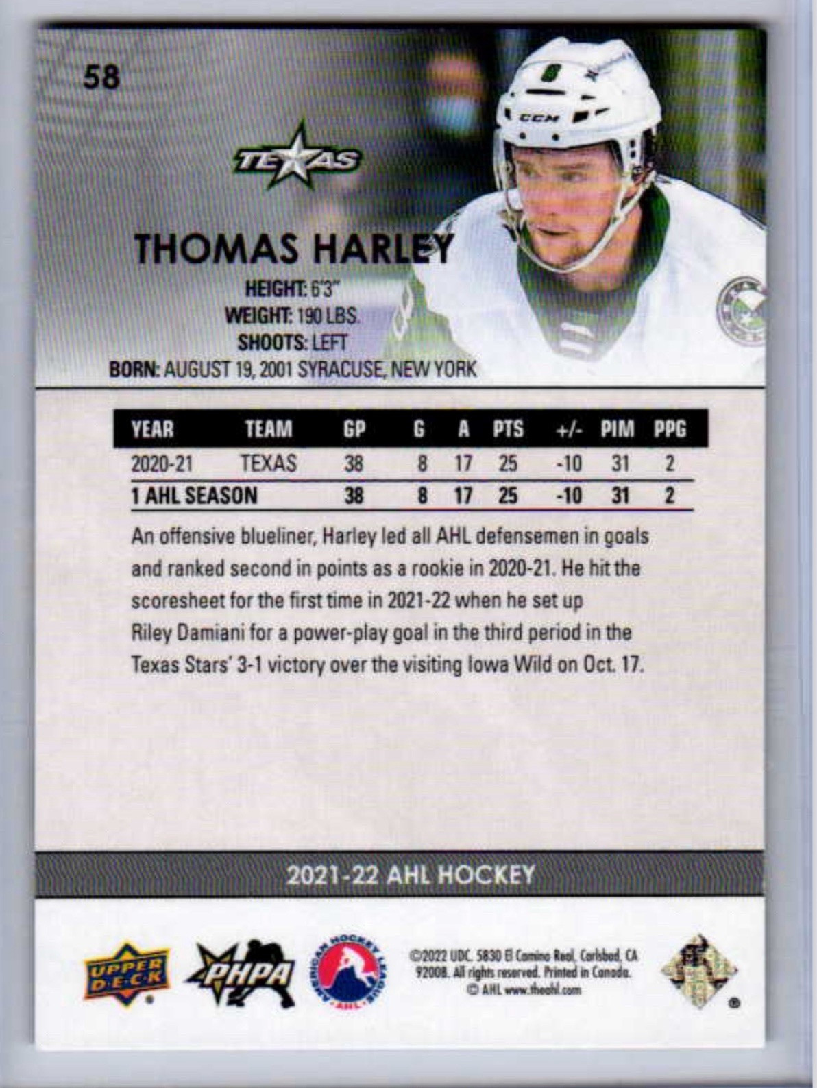 Thomas Harley Rookie 2021-22 Upper Deck AHL #58 (RC) Texas Stars – Dallas Stars