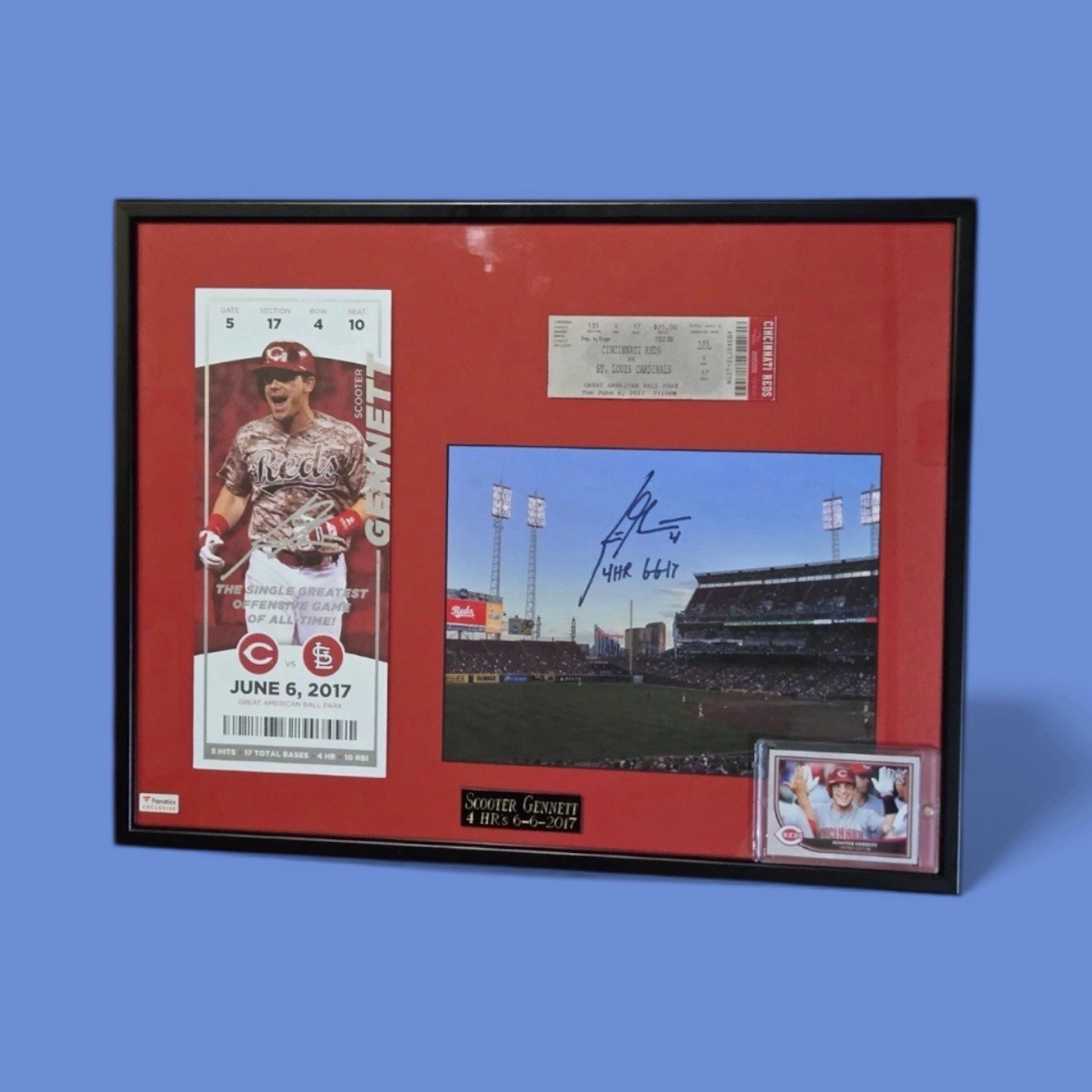 Scooter Gennett JSA Certed Autographed 21×16 4HR Game + 2018 Topps Big League