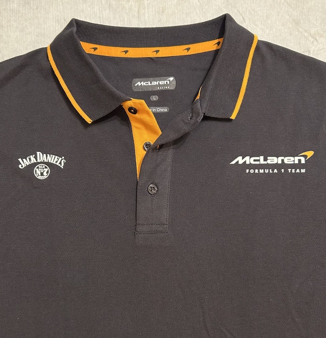 McLaren Formula 1 Team Polo Shirt Mens L Jack Daniels F1 Racing Black Orange