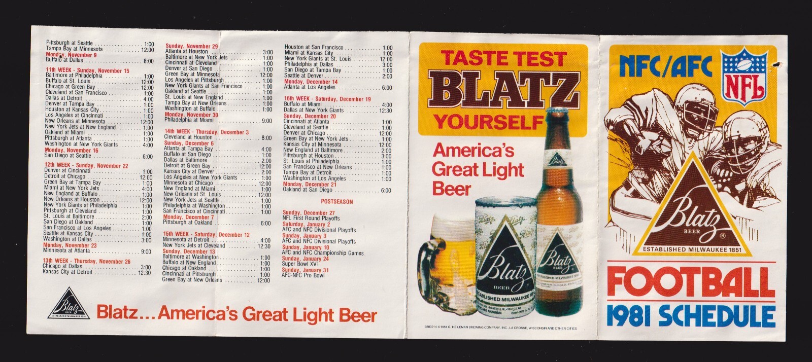1981 NFC / AFC NFL Football Pre & Regular Season Blatz POCKET SCHEDULE VG
