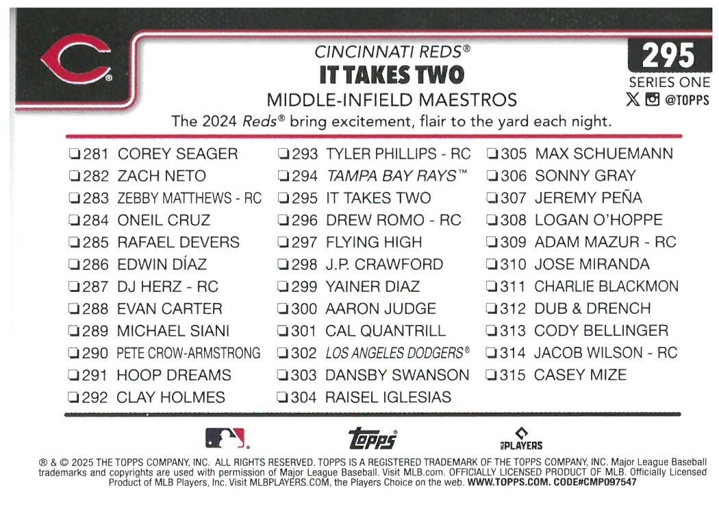 2025 Topps Series 1 #295 “It Takes Two” Cincinnati Reds Baseball Card