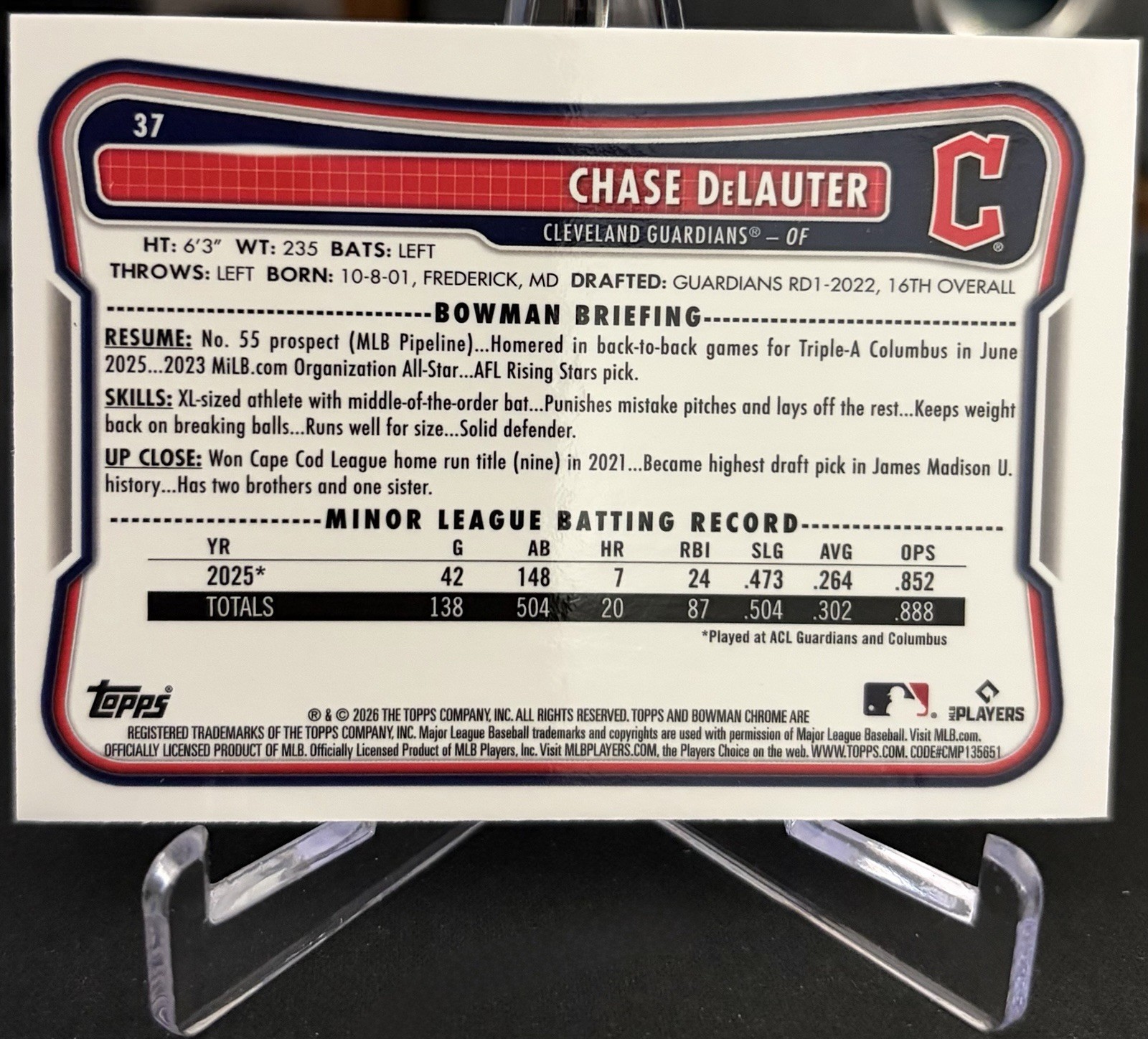 Chase DeLauter 2026 Bowman Chrome #37 Sky Blue Mojo Refractor /499 Rookie RC