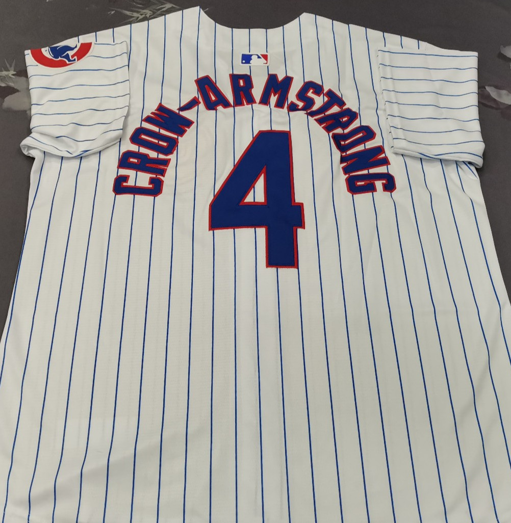 Pete Crow-Armstrong #4 Cubs White Stripe Cool Base Sewn Stitched Jersey.