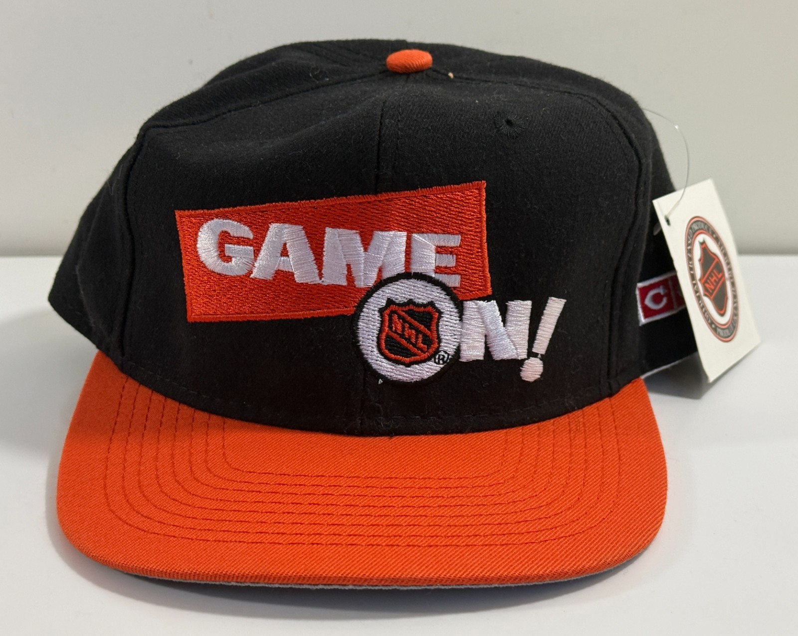 CCM NHL ‘Game On’ Snapback Hat Cap Wool Black Orange Lockout Vintage 90s