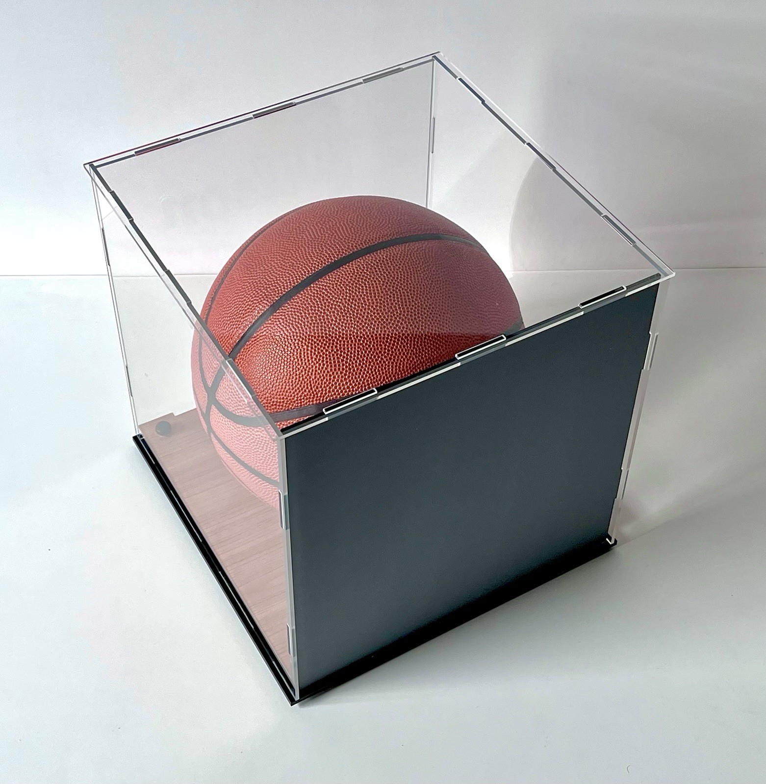 Full Size Basketball Display Case w/ Acrylic Wood Court Base & Mirror Back