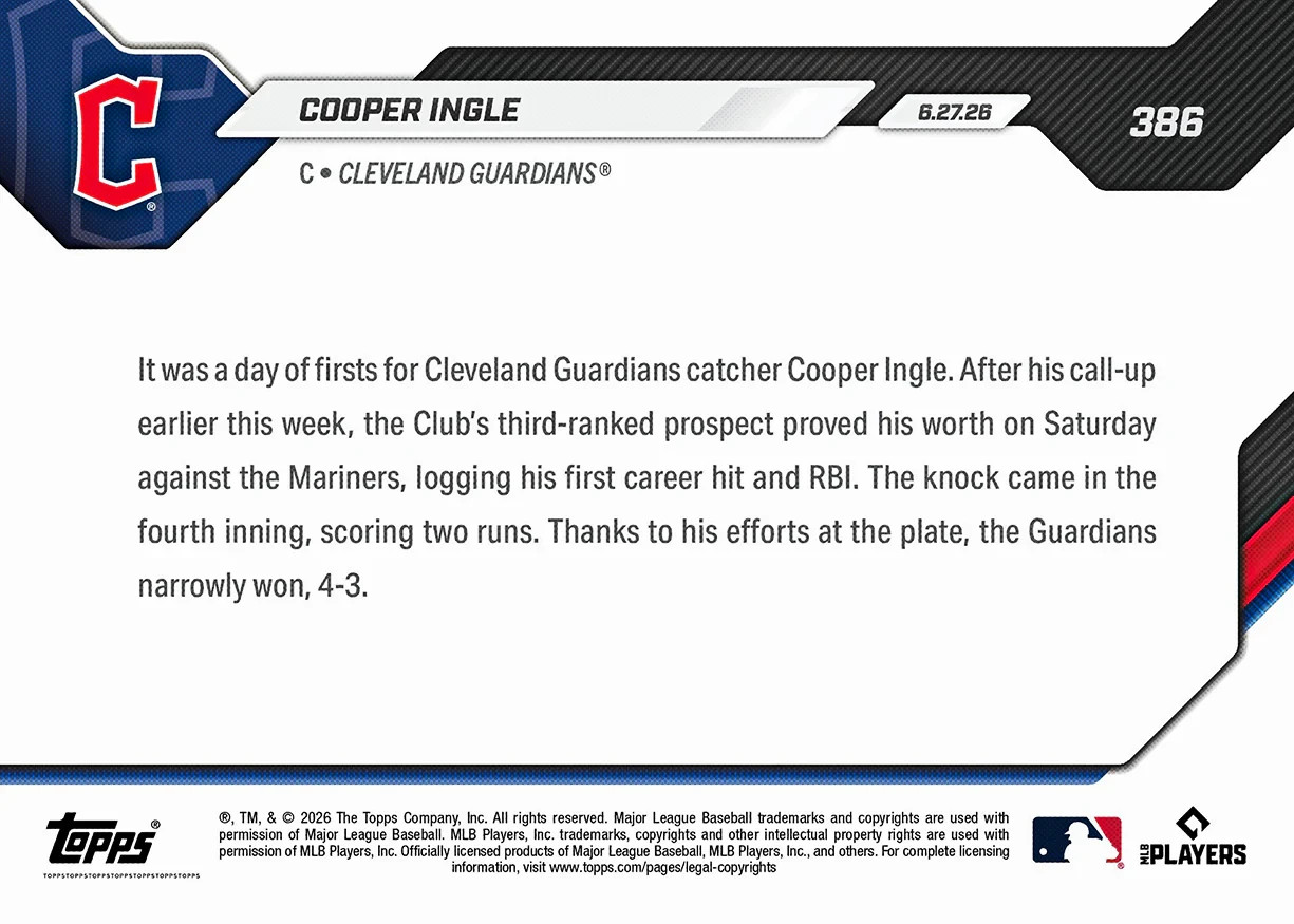 Cooper Ingle Call-Up 1st Hit RBI 2026 MLB Topps NOW Card 386 Presale