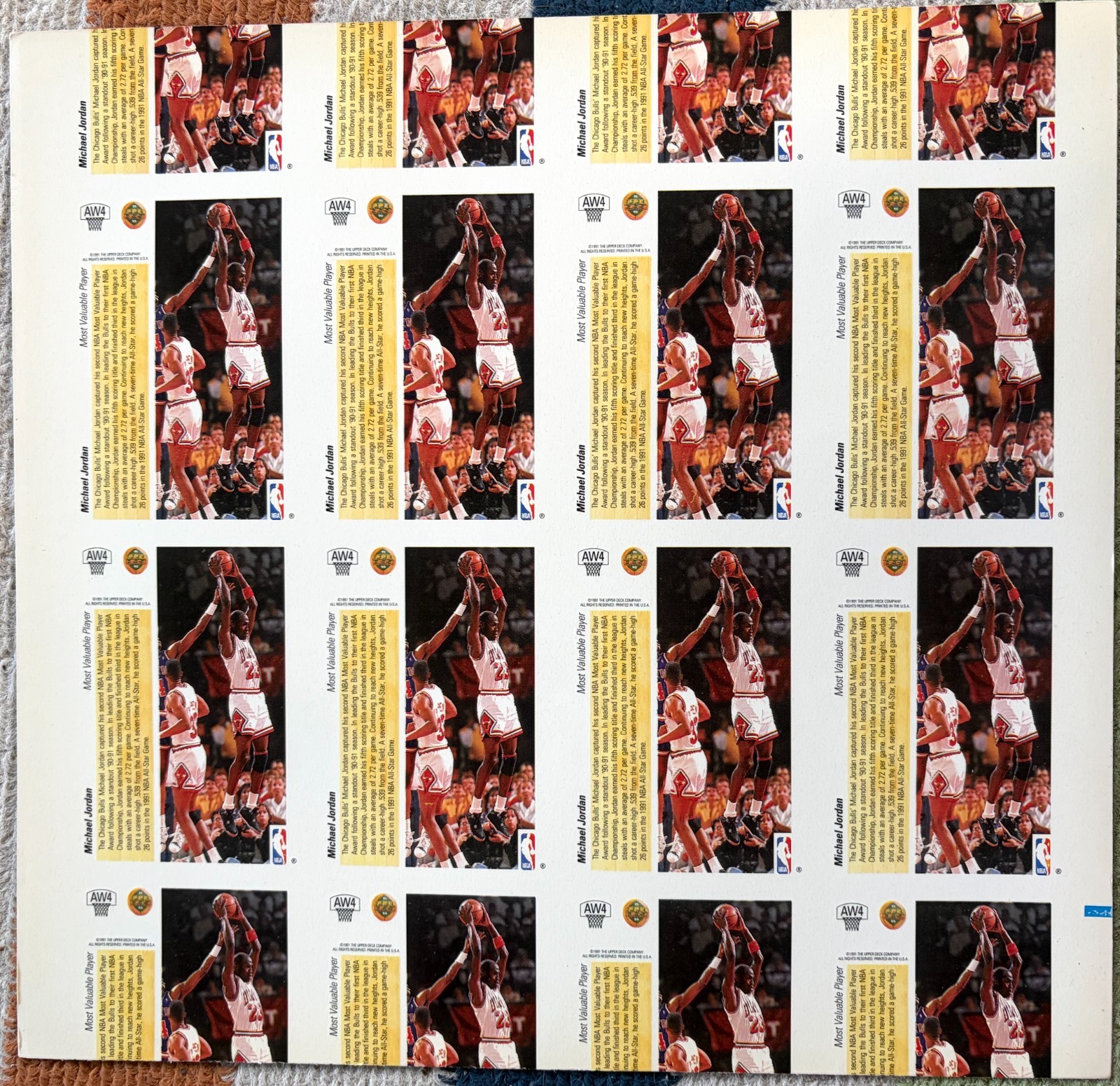 Upper Deck 1991 Michael Jordan MVP AW4 Hologram Cards Uncut Card Sheet RARE!